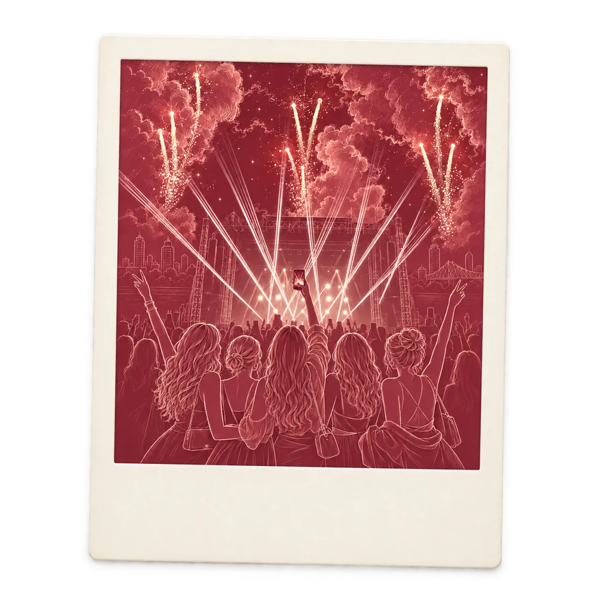 Polaroid illustration of a group of friends at an outdoor festival, fireworks bursting over the Montreal skyline
