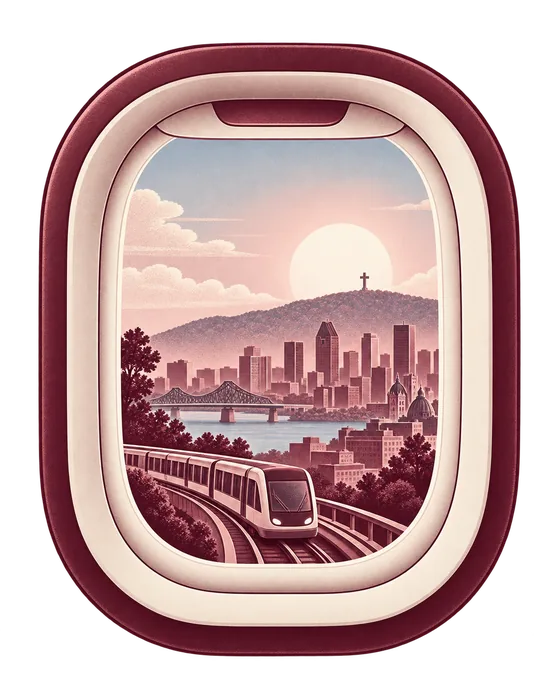 Illustration d’un hublot d’avion donnant sur un train du REM, le pont Jacques-Cartier et la silhouette de Montréal sous le mont Royal