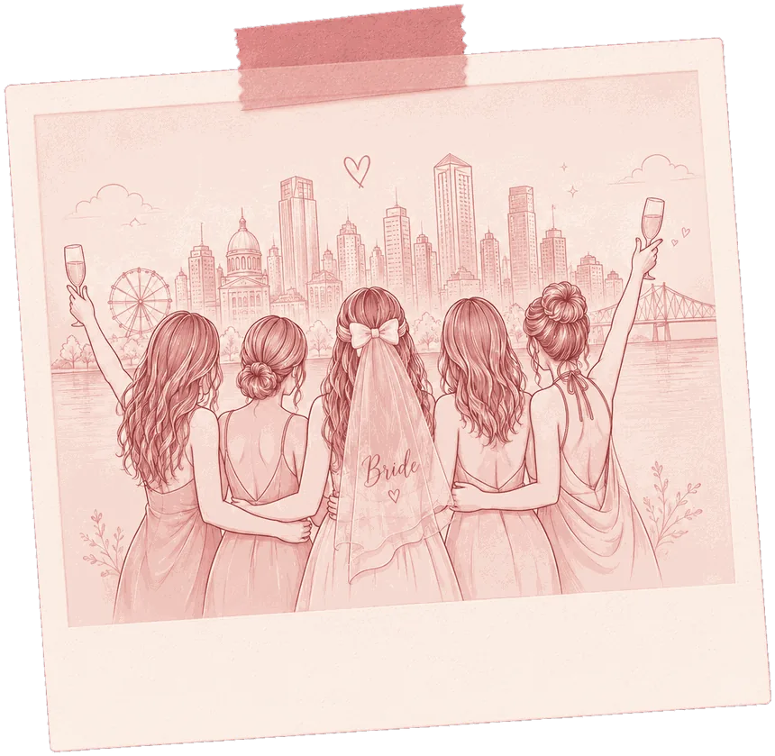 Polaroid photo of a bride and her crew toasting against the Montreal skyline, taped to the page