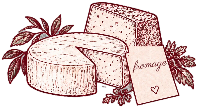 Engraving of a cheese wheel and cut wedges with bay leaves and a handwritten fromage card