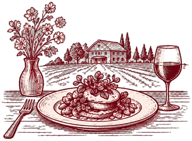 Engraving of a plated farm dish with wildflowers, a fork and a glass of red, farmhouse fields behind