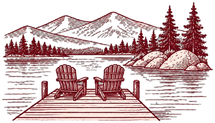 Engraving of two Adirondack chairs on a dock over a lake, mountains and pines beyond