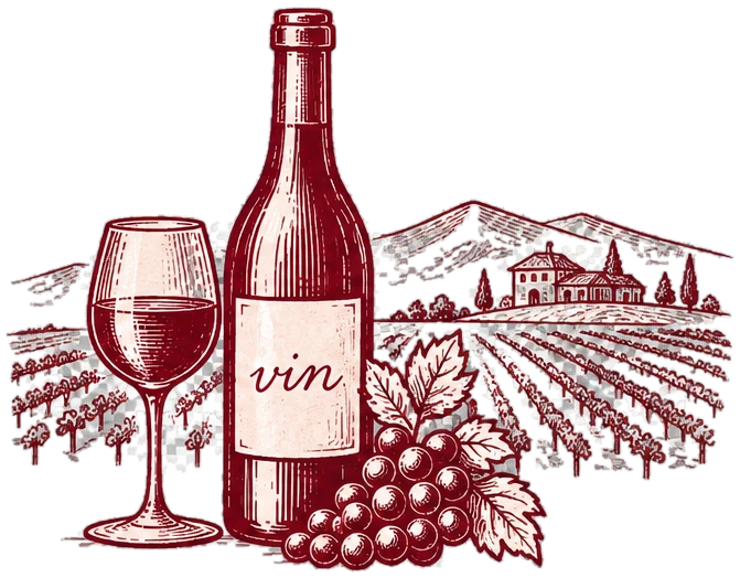 Engraving of a wine bottle, full glass and grapes in front of vineyard rows