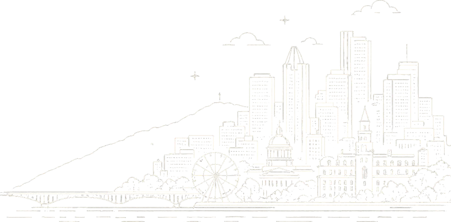Hand-drawn Montreal skyline: Mount Royal, the Jacques Cartier Bridge, the ferris wheel, and downtown towers