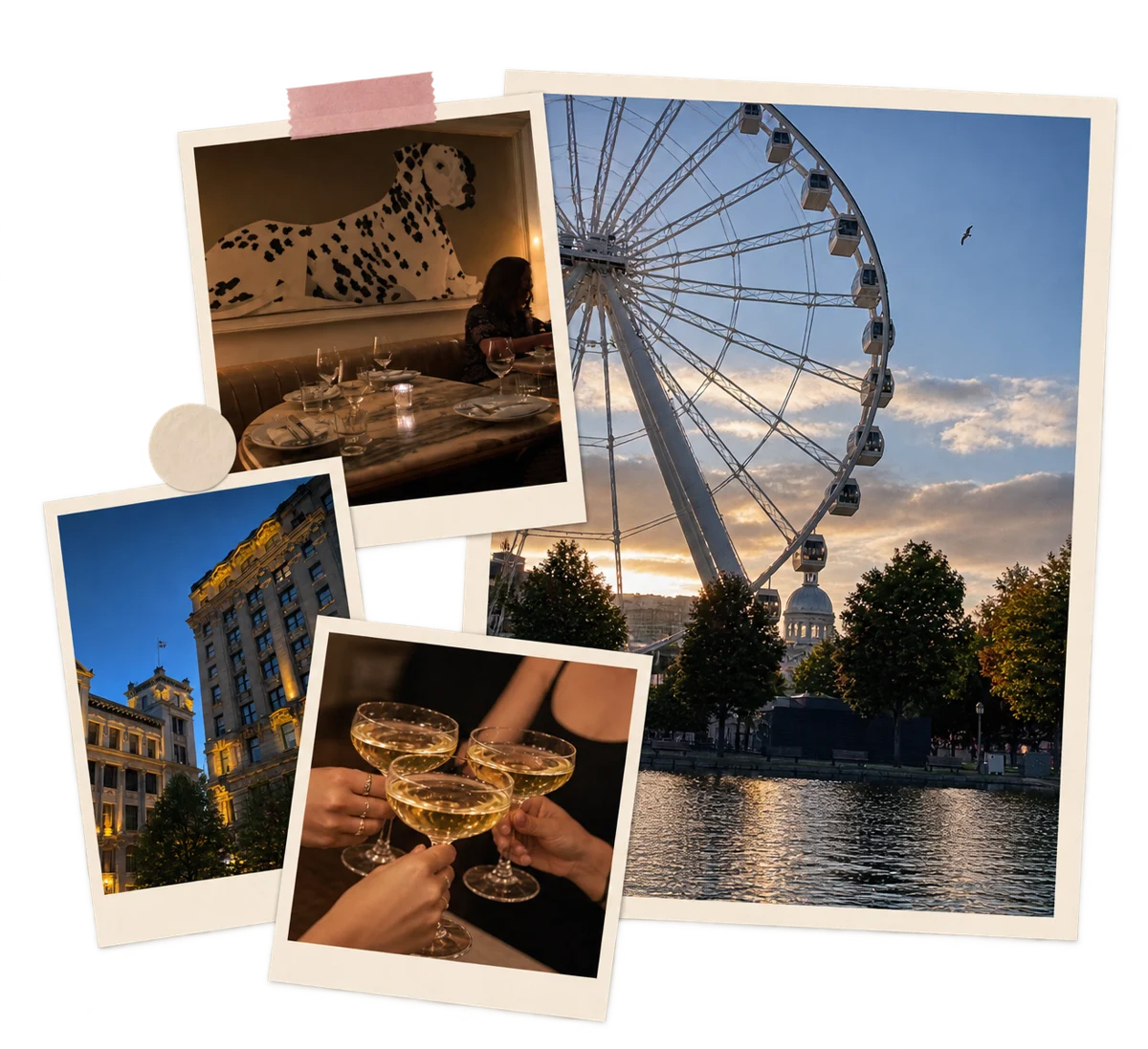 Collage: La Grande Roue at dusk, a candlelit bar under a dalmatian mural, a blue-hour facade, champagne coupes mid-toast
