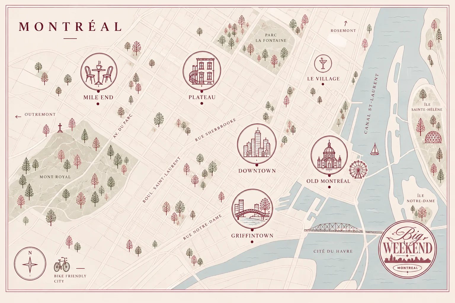 Illustrated map of Montreal's neighborhoods: Mile End, Plateau, Downtown, Old Montreal, Griffintown, Le Village, the river and islands