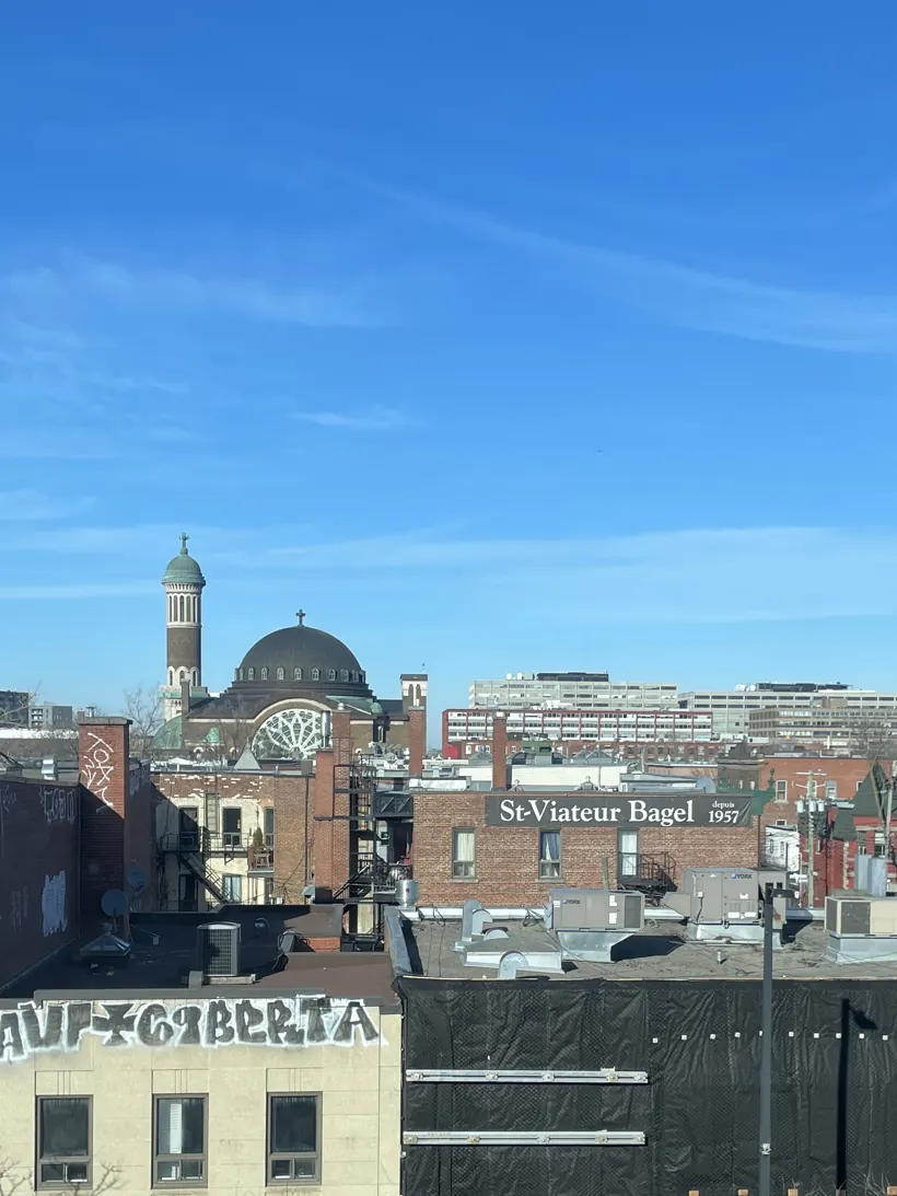 Mile End rooftops with the painted St-Viateur Bagel sign and the dome of St. Michael's