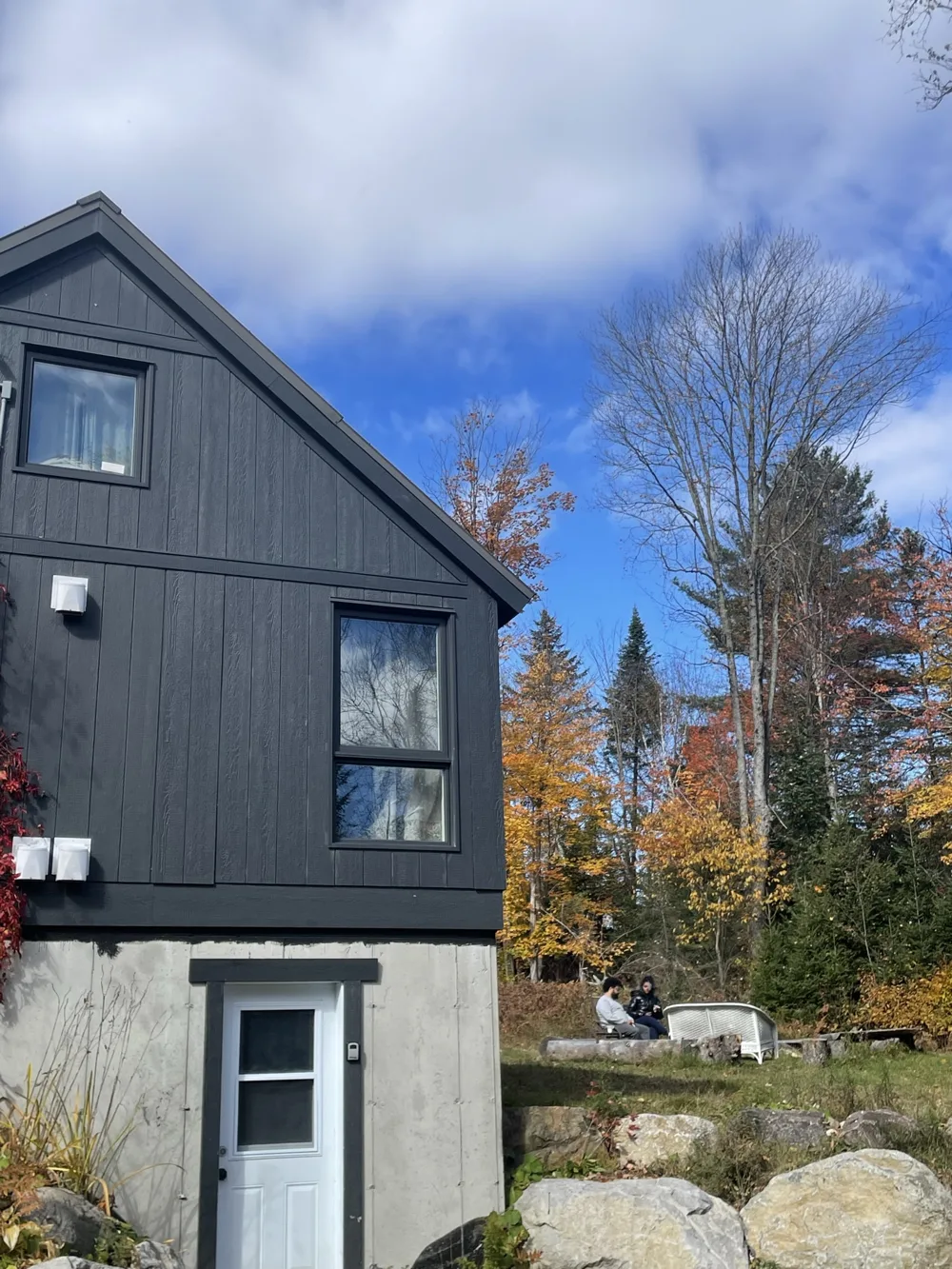 A modern black chalet against autumn foliage