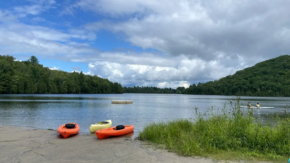 Kayaks pulled up on a lake beach