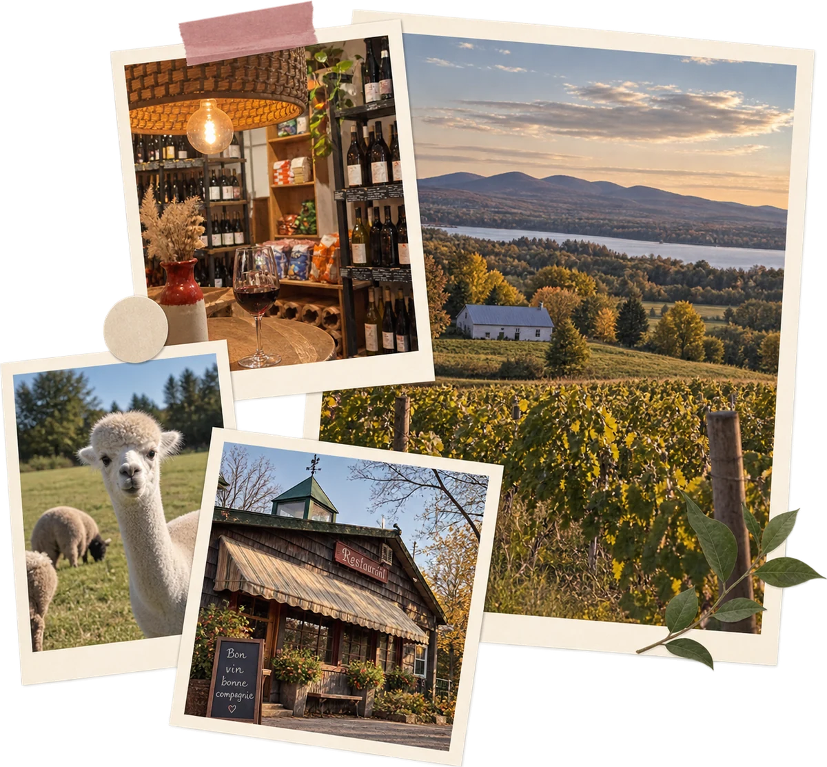 Collage: a wine shop pour, golden vineyards above a lake, an alpaca with sheep, a country restaurant with a bon vin bonne compagnie chalkboard