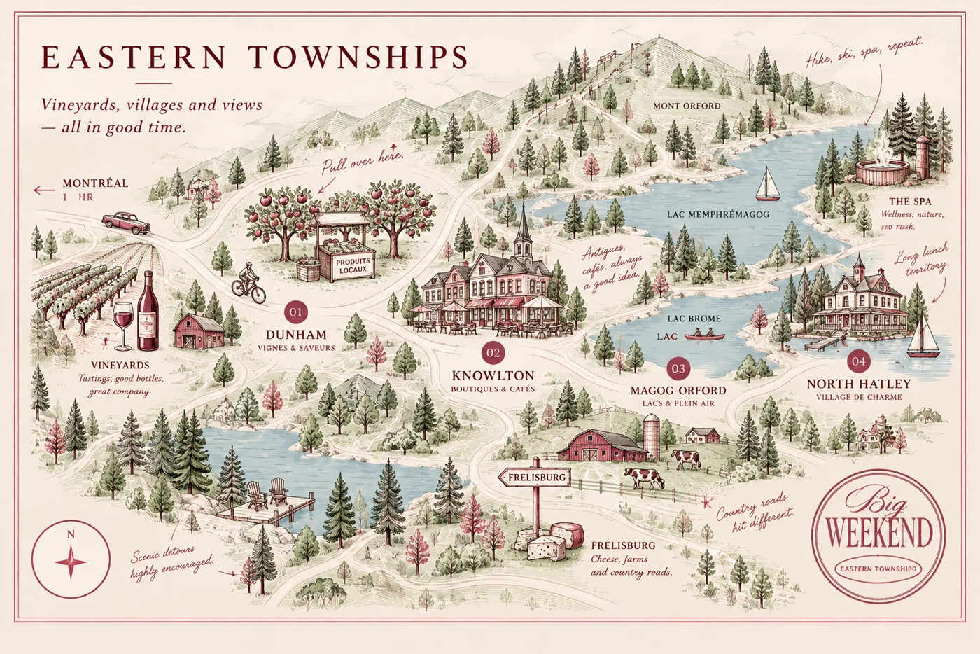 Hand-drawn map of the Eastern Townships: Dunham, Knowlton, Magog-Orford and North Hatley among vineyards, lakes and Mont Orford, an hour east of Montreal